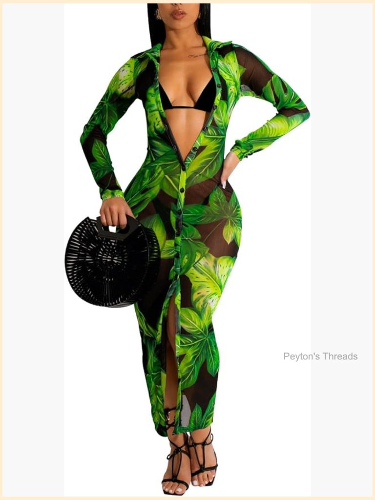 Sheer Mesh Long Sleeve Button Down Bodycon Maxi Dress See-Through Cover Up